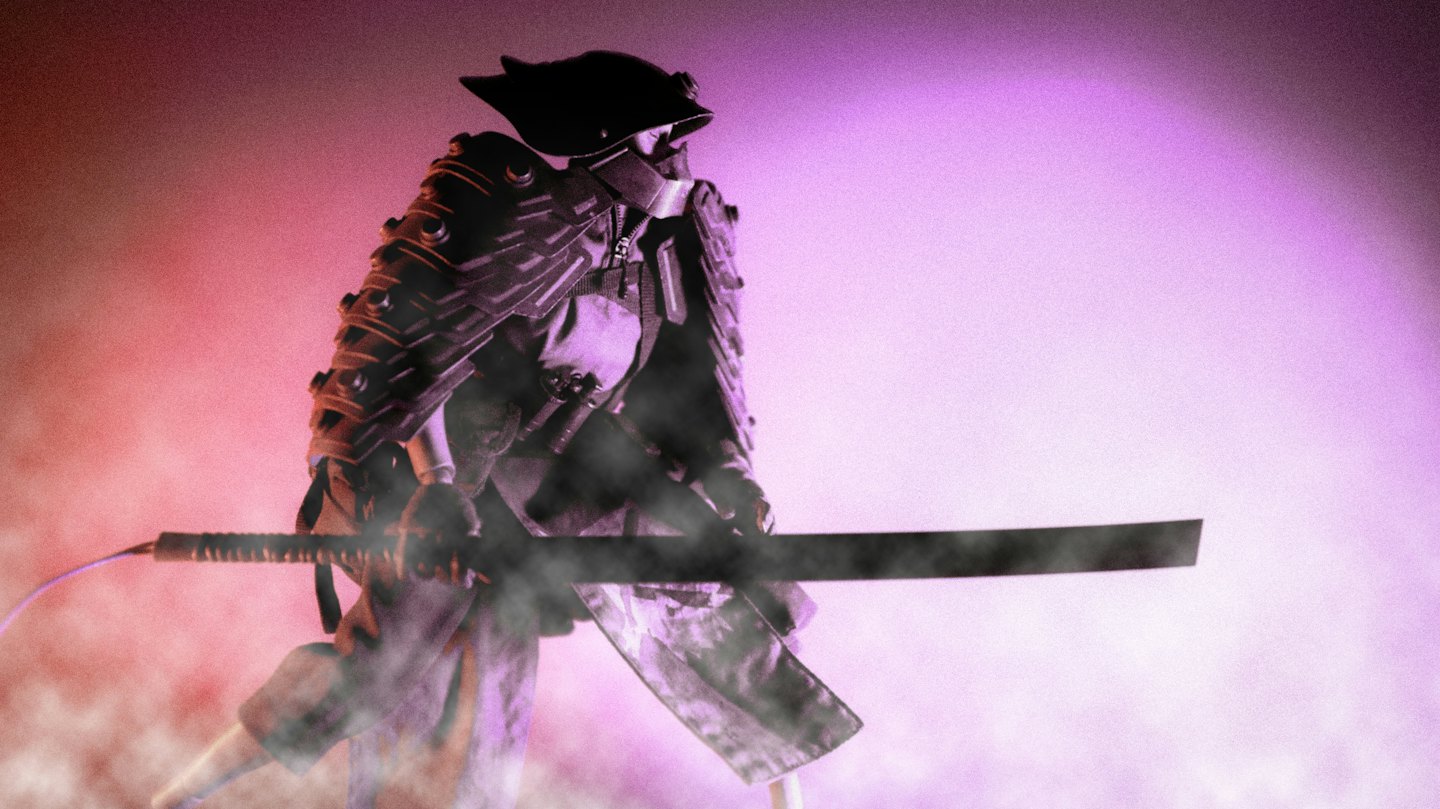 Figura em armadura de samurai empunhando uma katana, cercada de fumaça