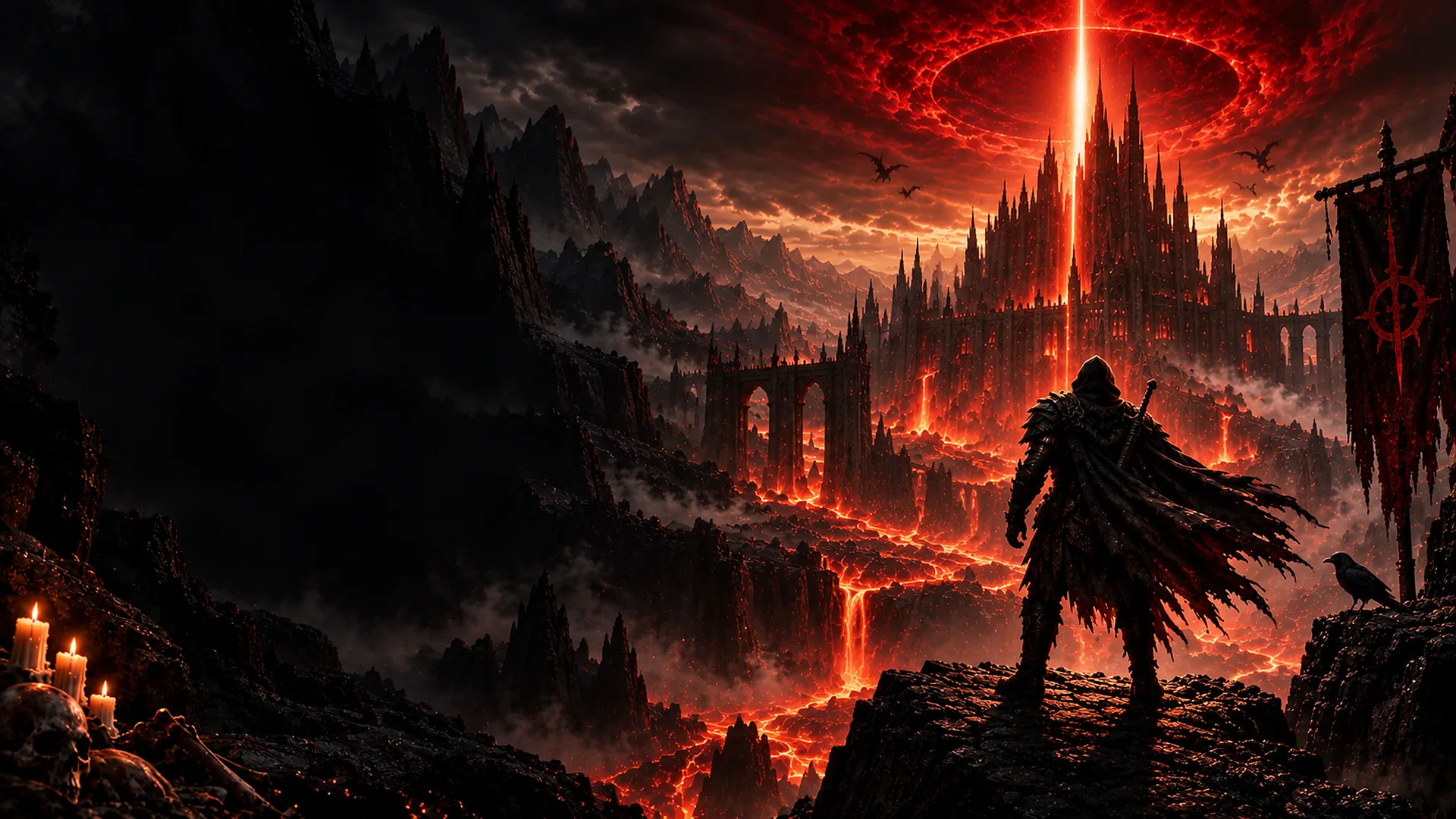 Paisagem de Santuário com catedral gótica e rio de lava, universo de Diablo